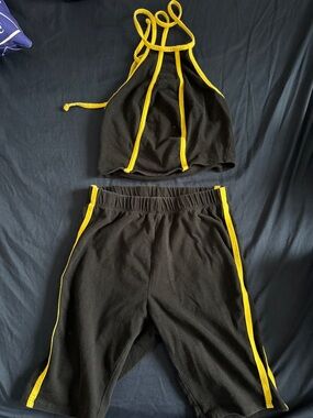 Fashion Nova Black Crop Halter Top with Yellow Trim